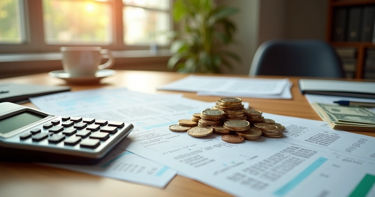 Dinheiro acumulado e calculadora sobre planilha salarial 