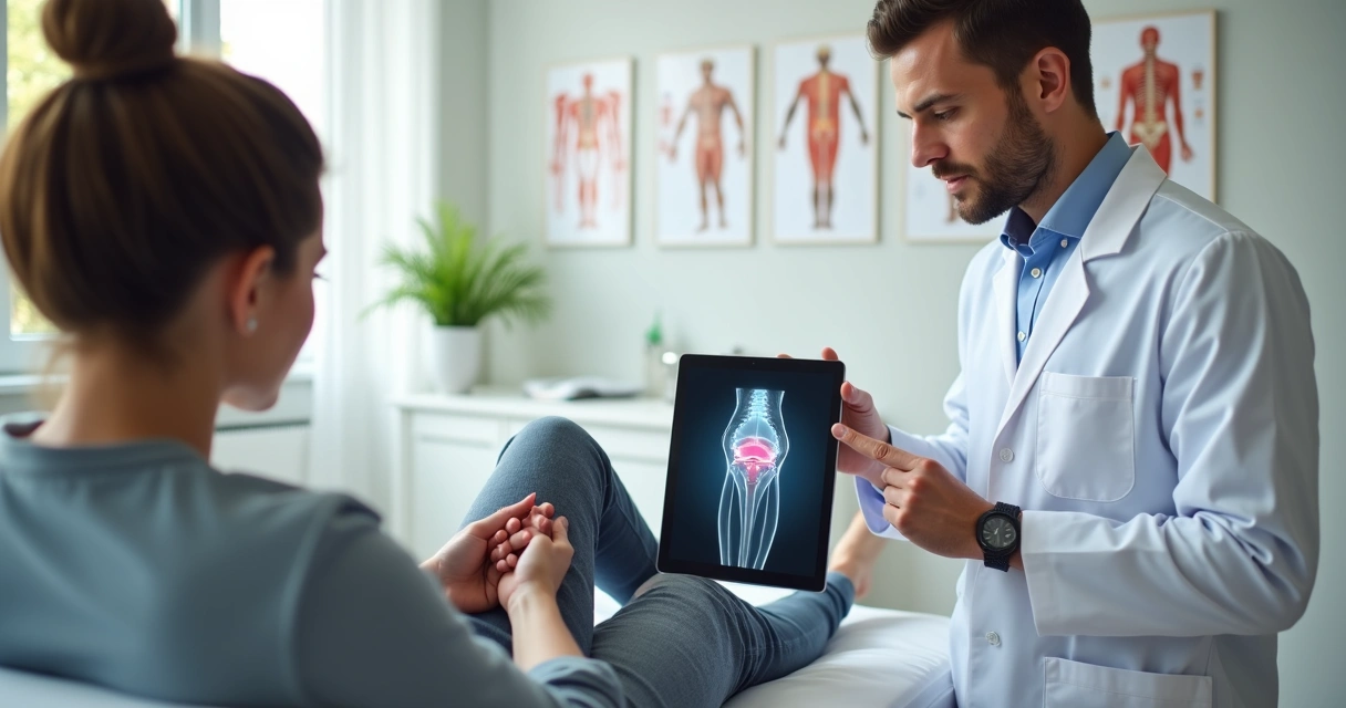 Pessoa em maca de exame observando joelho enquanto médico mostra articulação em tablet 