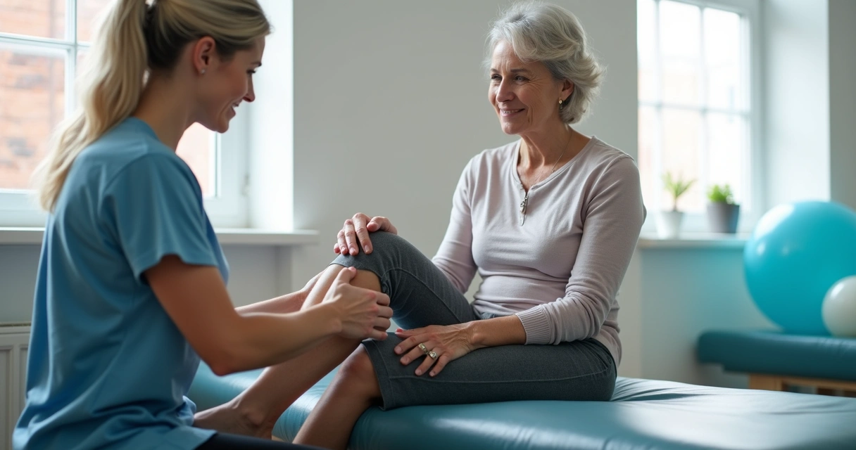 Fisioterapeuta examinando joelho de mulher madura sentada em maca enquanto questiona sobre estalos 