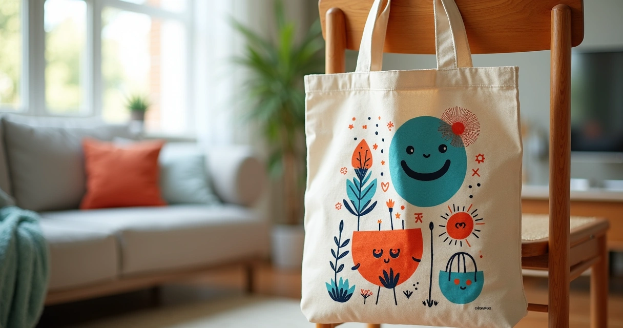 Estampa artística colorida em ecobag de algodão cru 