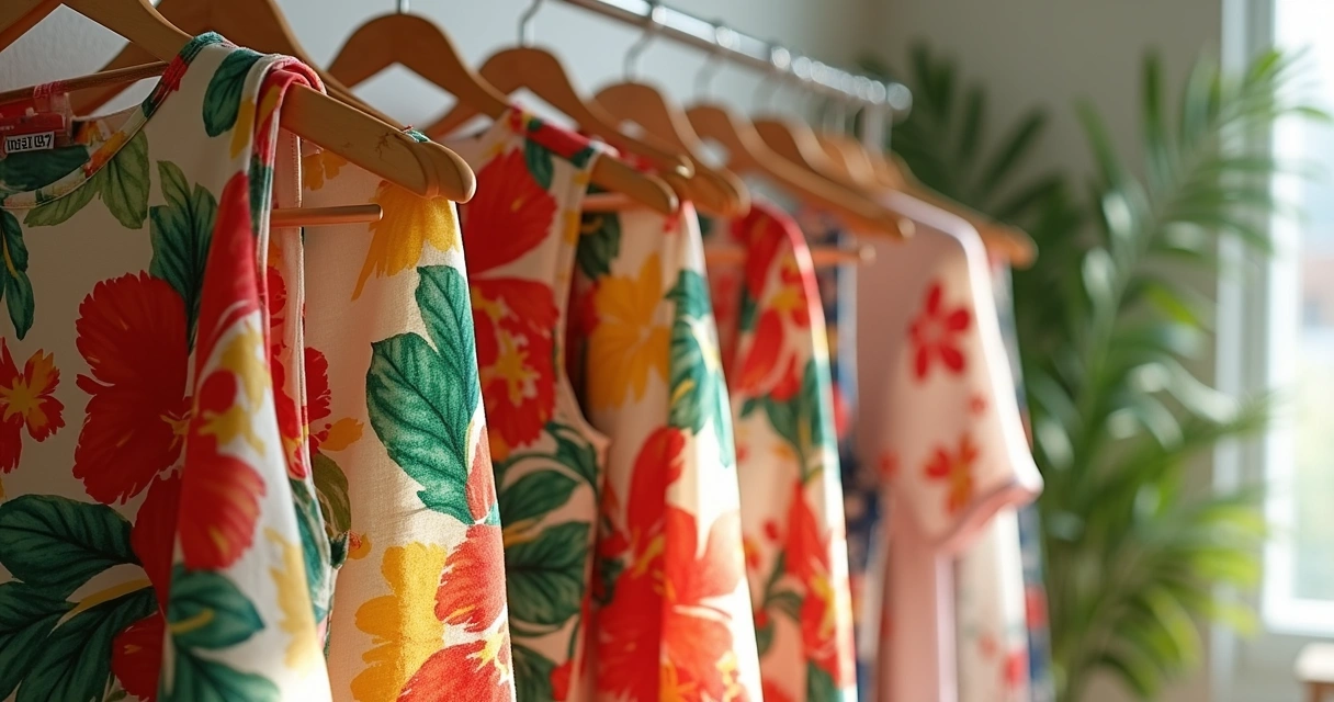 Vestido floral colorido exposto em arara de loja