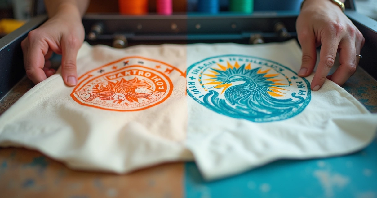 Detalhe em close do processo de estampa silk e DTF em ecobag de algodão 