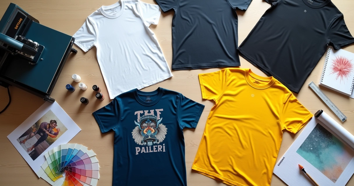 Mesa criativa com diferentes camisetas personalizadas e materiais de estamparia vistos de cima 