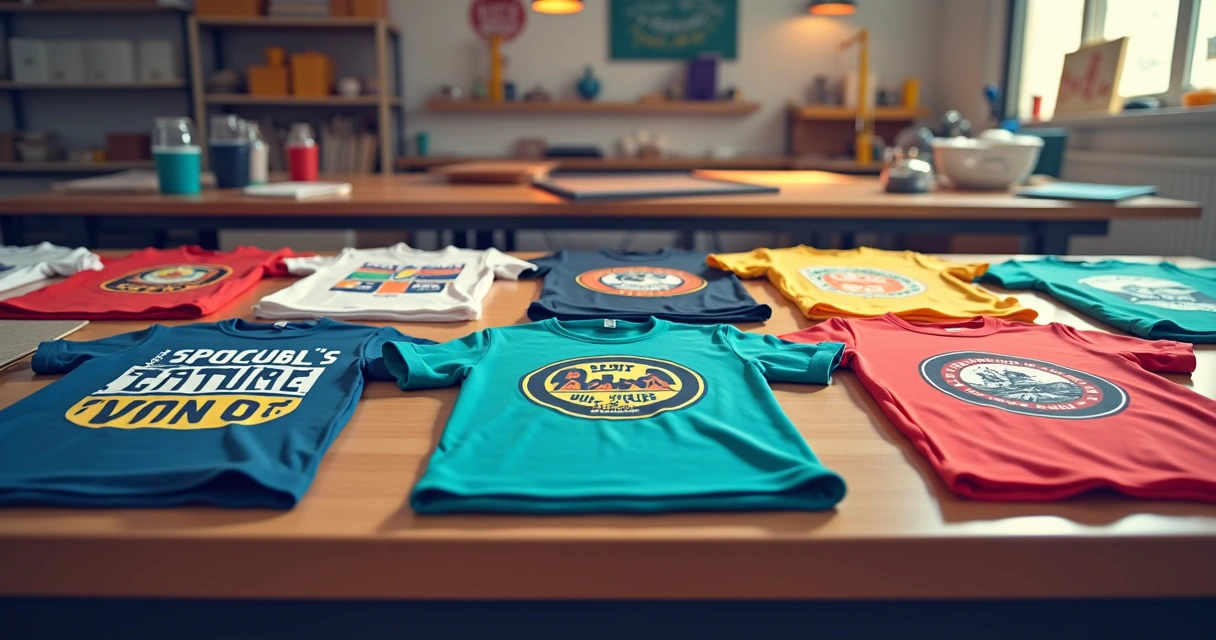 Camisetas promocionais coloridas em uma mesa de estamparia 