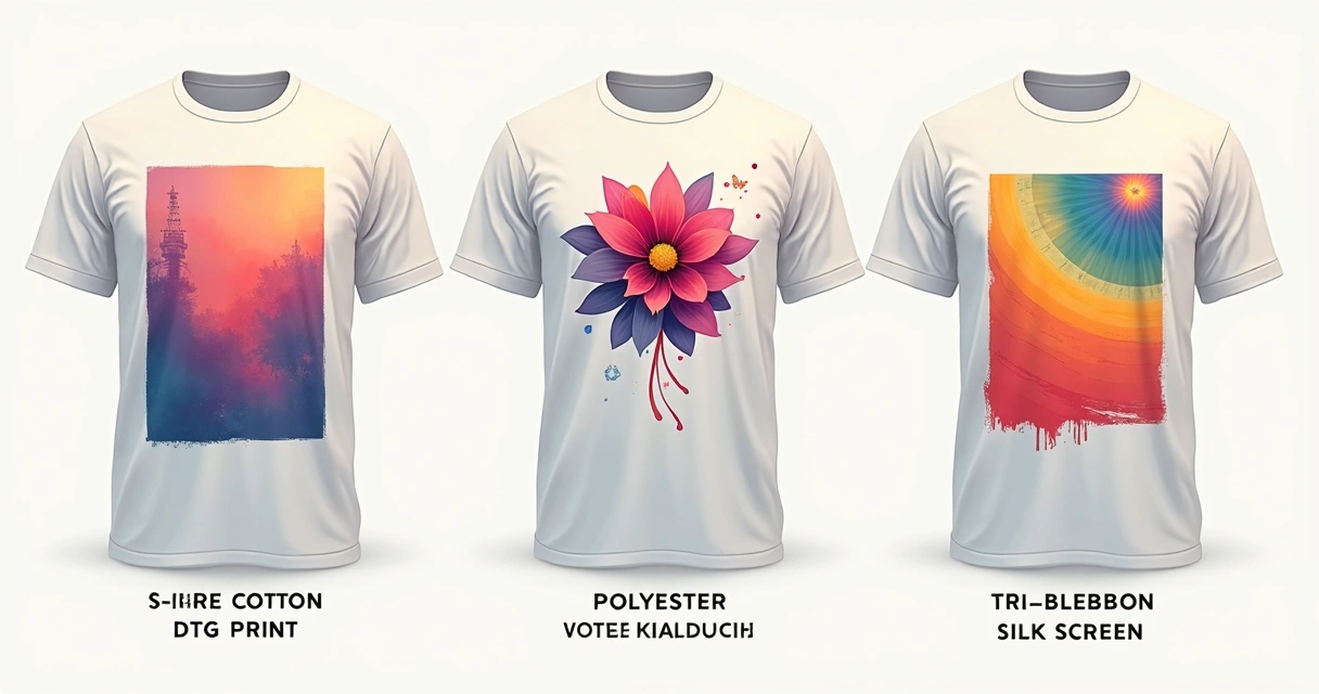 Diferentes técnicas de estamparia exibidas sobre camisetas de variados tecidos 
