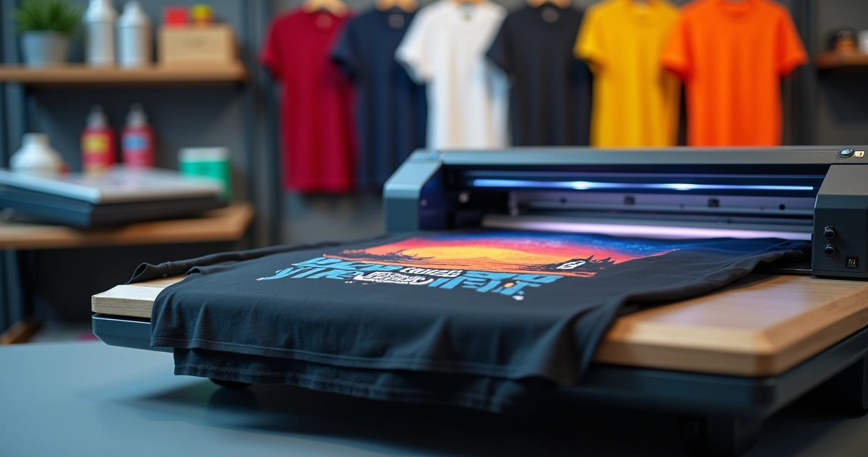 Máquina de impressão DTF estamparia camiseta preta em estúdio moderno 