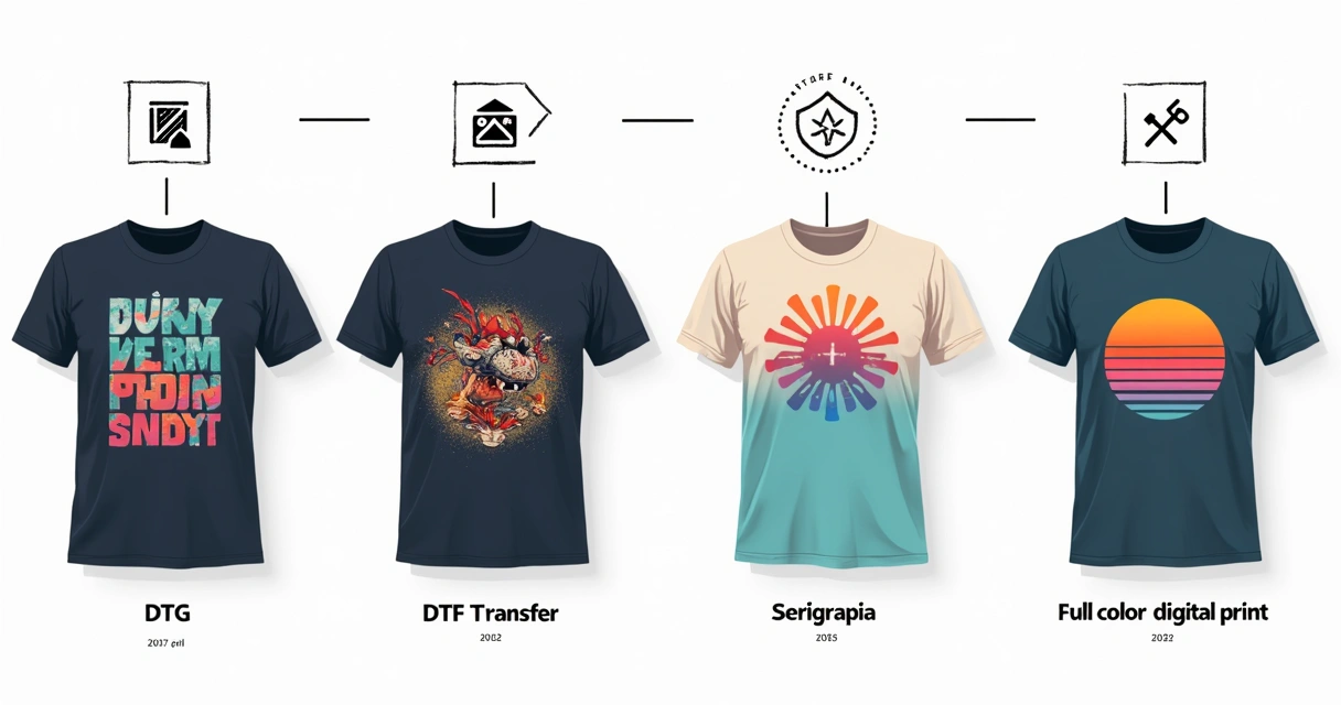 Comparação de camisetas exibindo diferentes técnicas de estampa de alta qualidade 