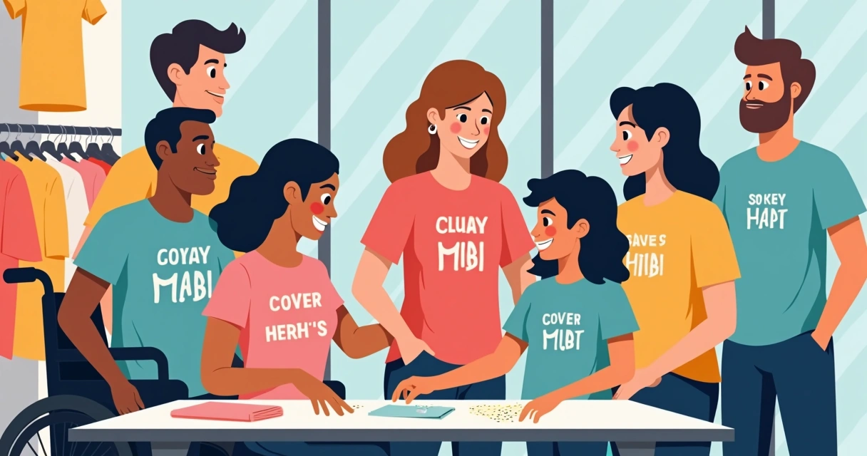 Grupo de pessoas diversas escolhendo camisetas inclusivas 