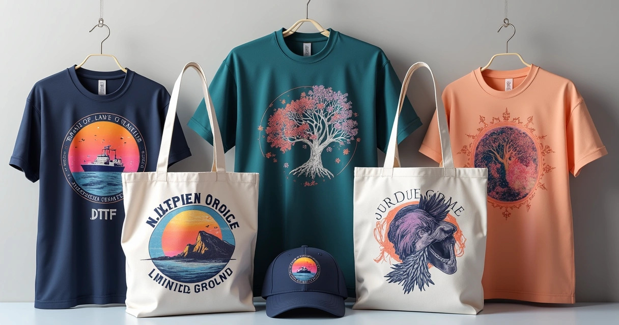 Roupas personalizadas com diferentes estampas coloridas usando técnica DTF 