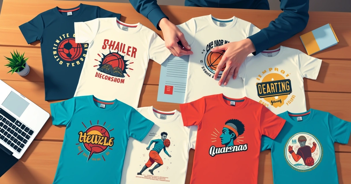 Diversos pacotes de estampas digitais para camisetas em uma mesa 