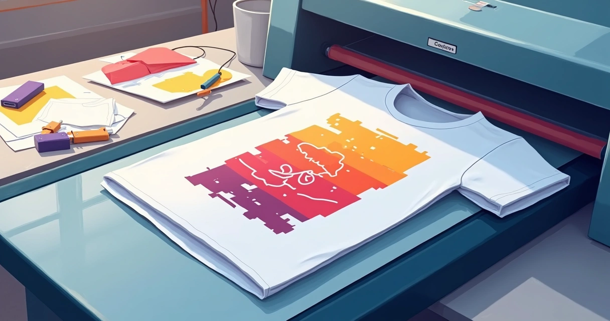 Camiseta branca com arte digital sendo aplicada por processo de transfer 