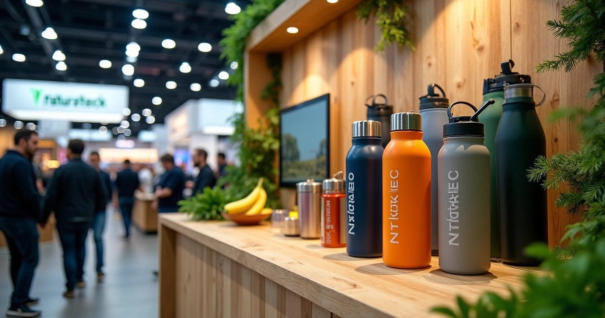Estande de empresa de produtos naturais com brindes personalizados na Naturaltech 