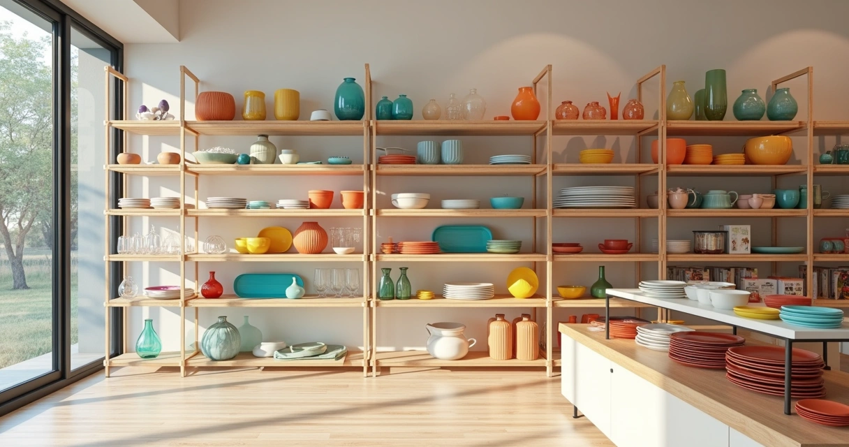 Estantes cheias de itens coloridos de casa, como vasos, pratos e caixas organizadoras 