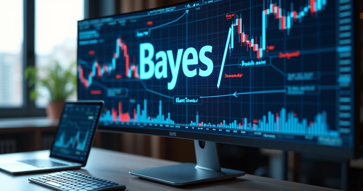 Gráfico financeiro digital com números e fórmulas do teorema de Bayes na tela de computador 