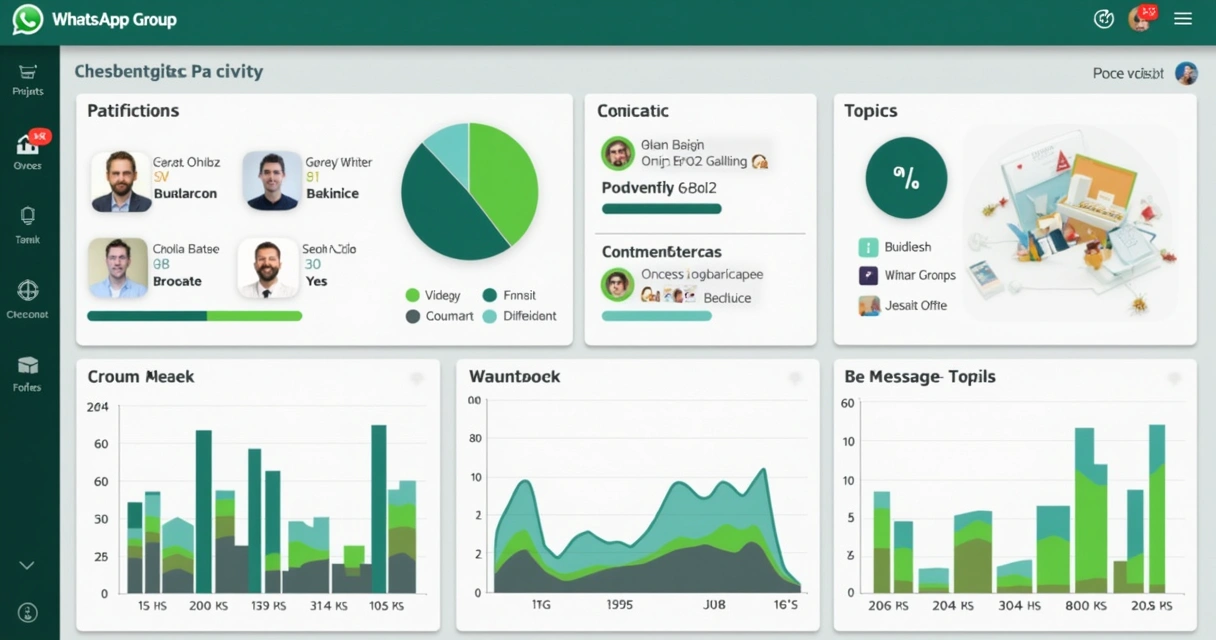Dashboard de estatísticas mostrando participação por grupo de tema em WhatsApp 