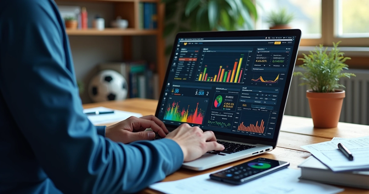 Tela com gráficos e estatísticas de um jogo esportivo em um notebook 