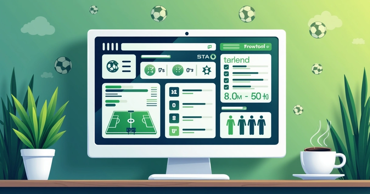 Computador mostrando estatísticas de um jogo de futebol com gráficos e ícones de escanteios, cartões e gols 