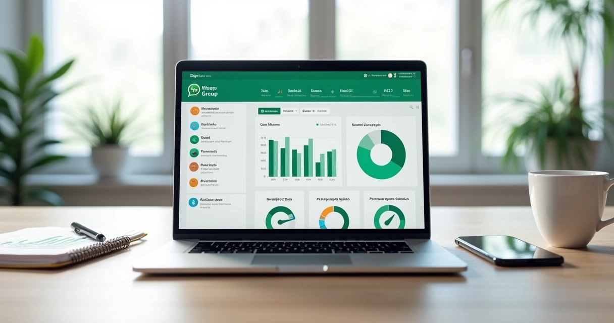 Painel com estatísticas de participação de um grupo do WhatsApp em tela de notebook 