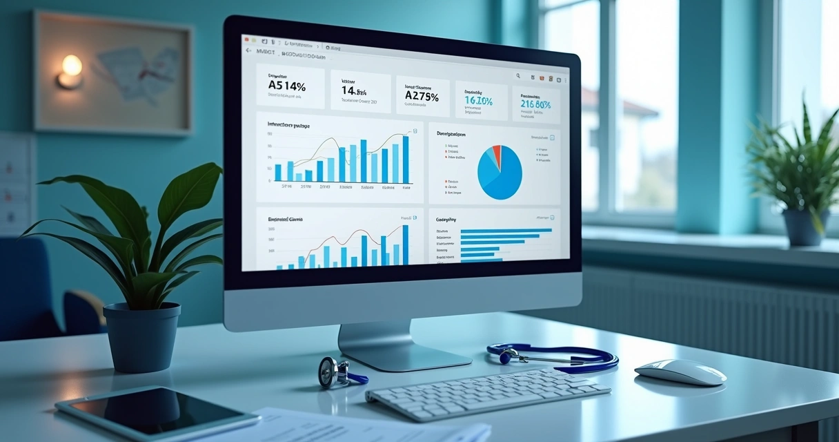 Gráficos de estatísticas em tela de computador em clínica médica