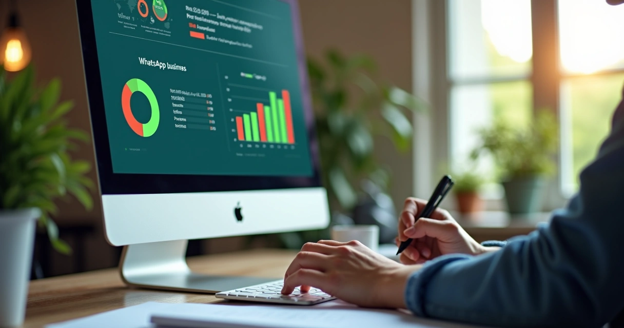 Estatísticas de atendimento automatizado em tela de computador com WhatsApp aberto