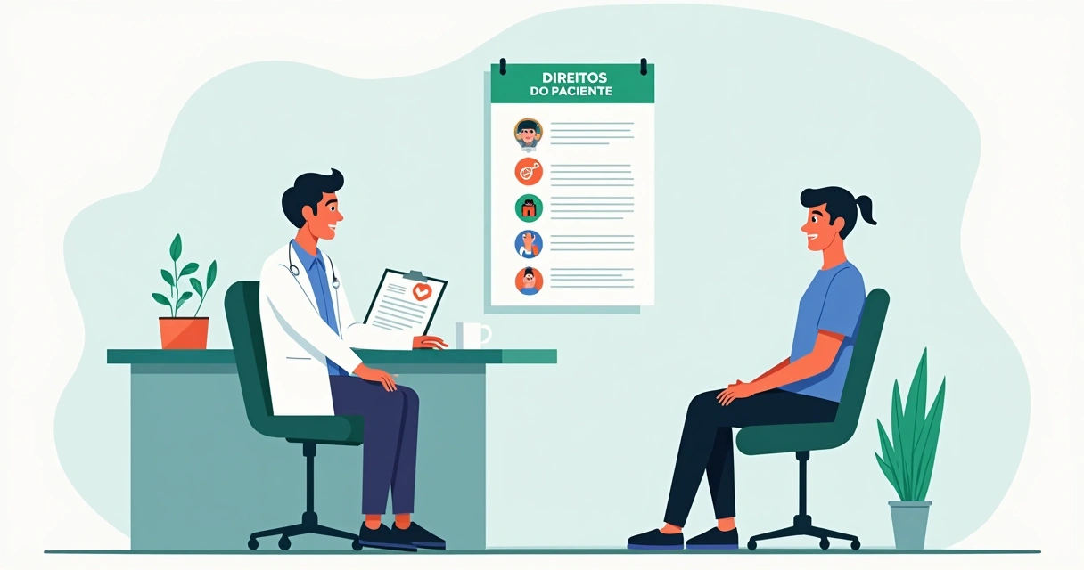 Médica e paciente conversando com cartaz dos direitos do paciente ao fundo 