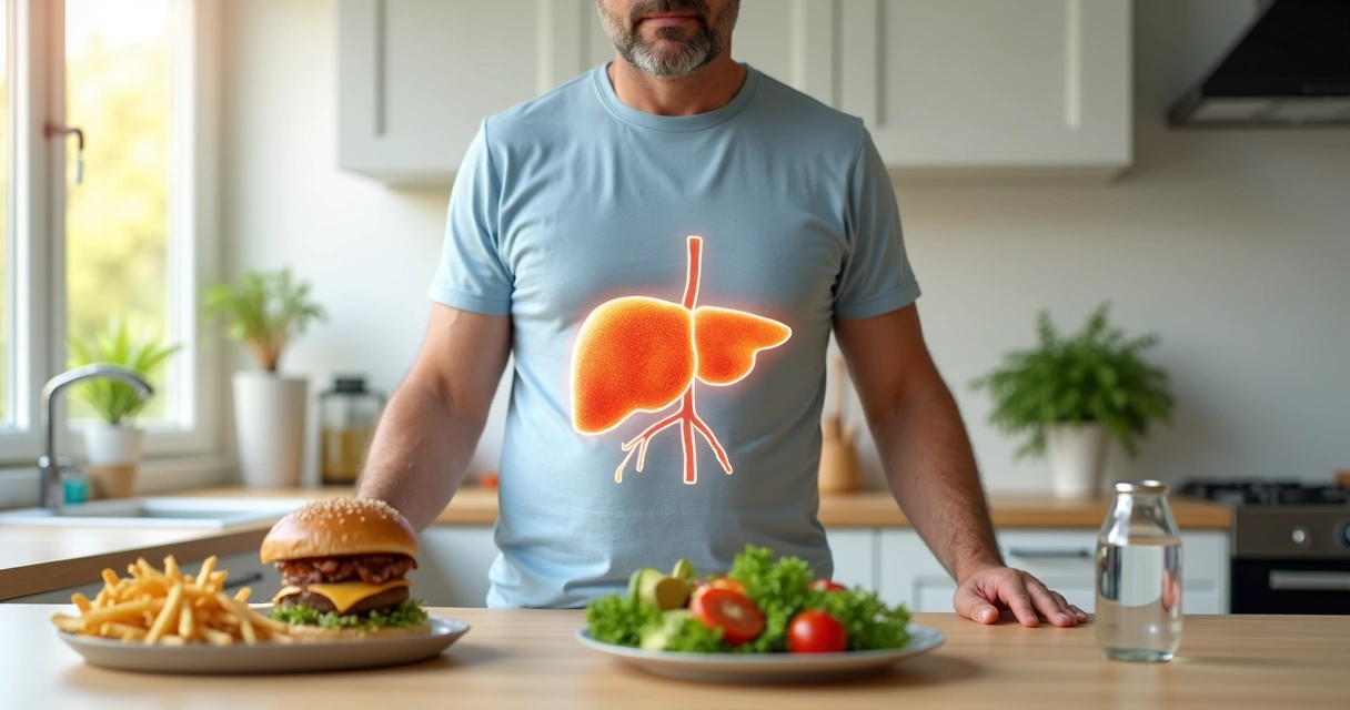 Homem escolhe alimentos saudáveis com ilustração de fígado transparência no torso 