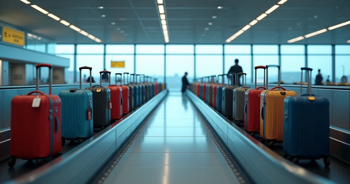 Esteira de aeroporto com malas de diversas cores passando sem donos por perto 