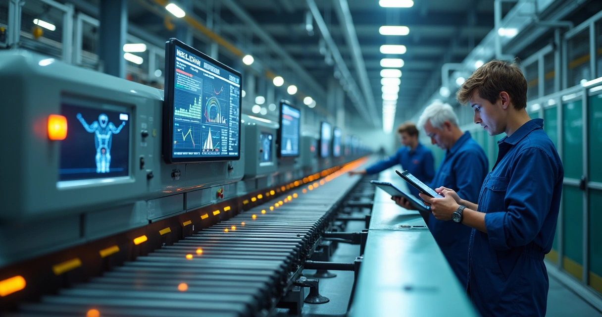 Linha de produção industrial com sensores monitorando equipamentos. 