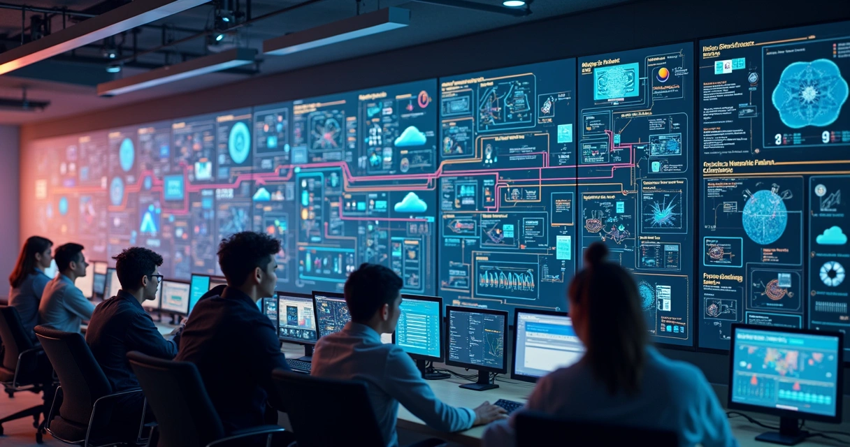 Diagrama colorido de pipeline de machine learning em uma empresa, mostrando equipes de ciência de dados, devops, e operação interagindo com telas, dados fluindo e deploy em servidores. 