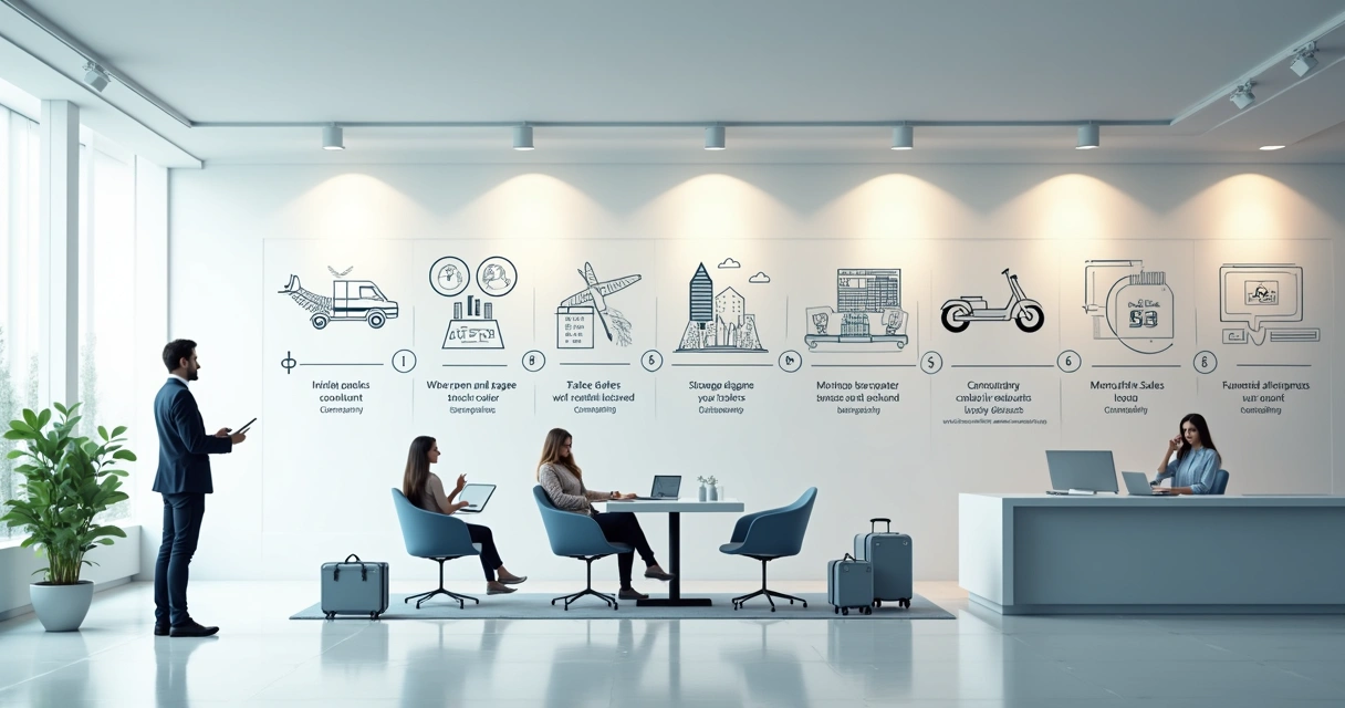 Fluxo visual de etapas de ofertas em uma agência de viagens, do primeiro contato à recorrência 