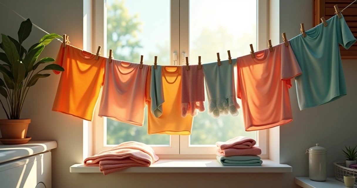 Roupas variadas penduradas em varal de área interna iluminada 