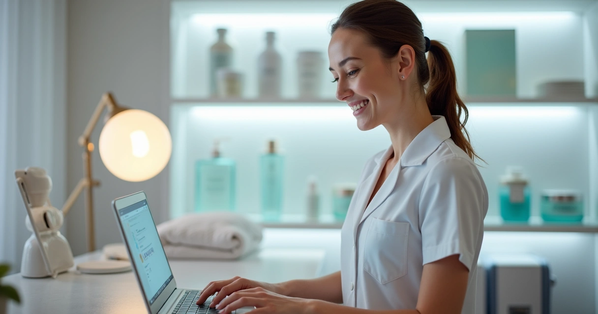 Estetista usando notebook com sistema de contabilidade digital
