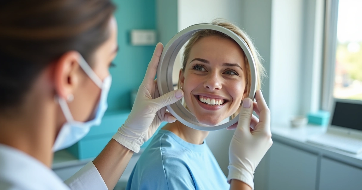 Dentista mostra resultado de facetas e lentes dentais a paciente sorrindo 