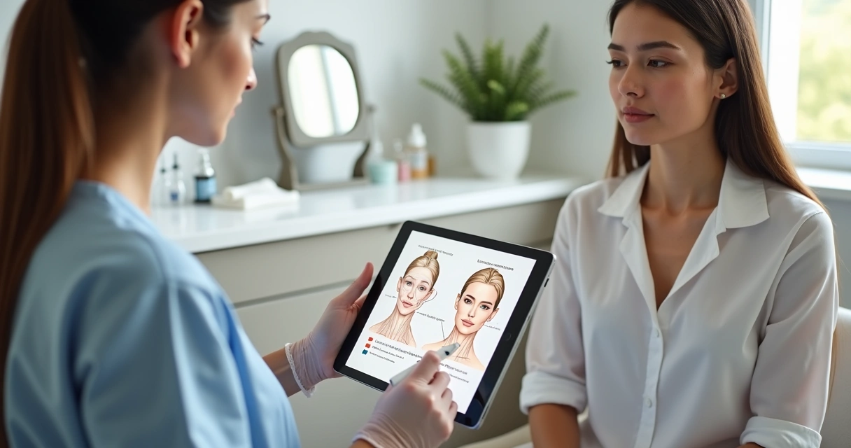 Dermatologista mostra áreas do rosto em tablet para paciente antes de injetáveis faciais 