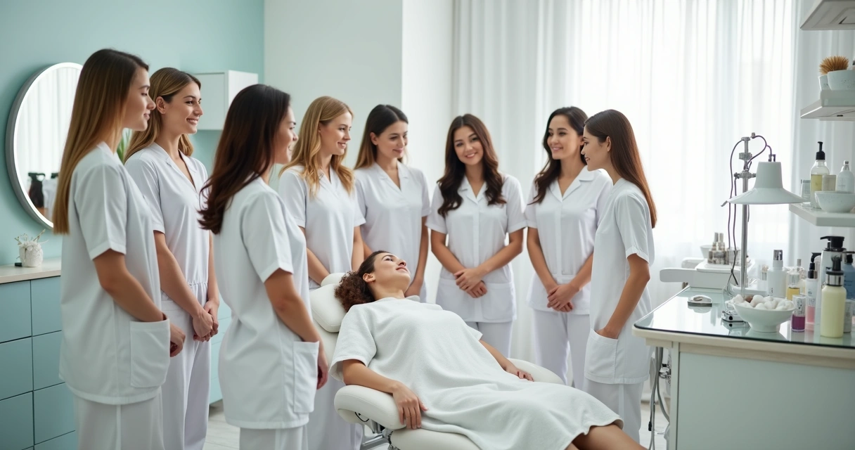 Profissionais de estética uniformizados em uma sala de atendimento estética, próximos à maca com equipamentos de limpeza de pele. 