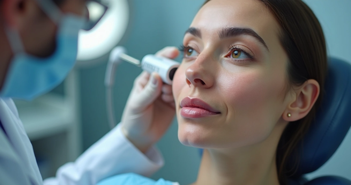 Aplicação de laser Nd:YAG em rosto feminino para tratamento de vasinhos 