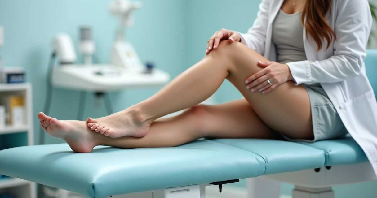 Perna feminina com varizes visíveis, foco na estética do tratamento 