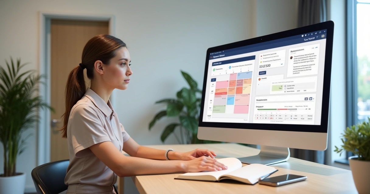 Esteticista analisando agenda online e painel de CRM lado a lado em clínica de estética 