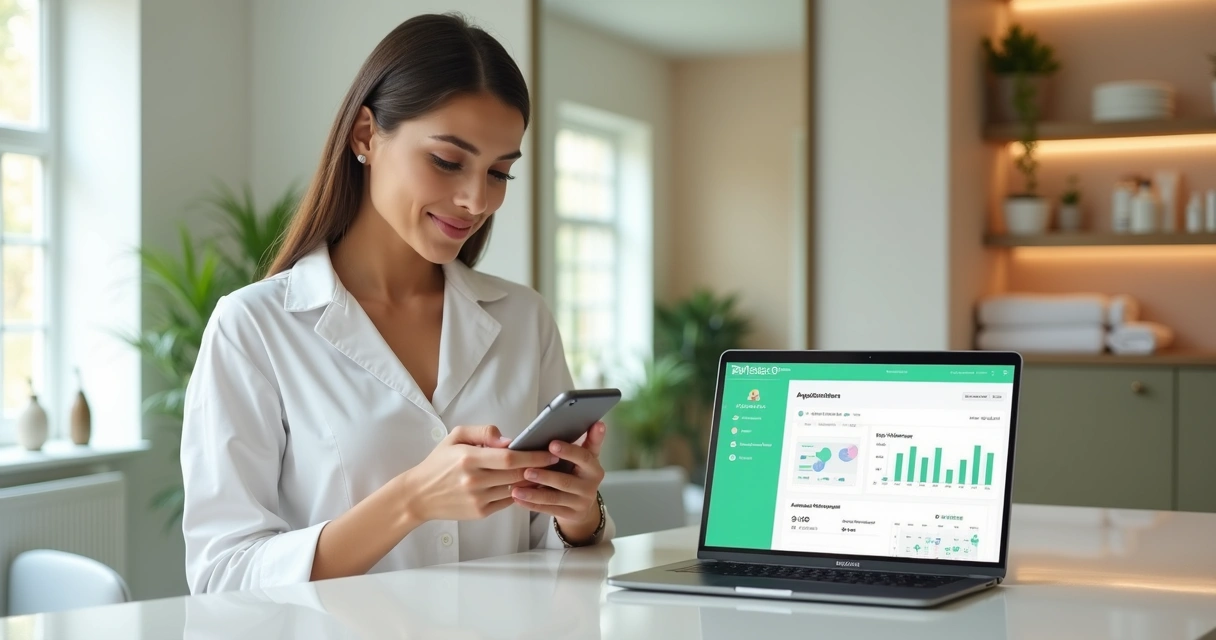Esteticista usando o celular para gerenciar agendamentos automáticos na clínica 