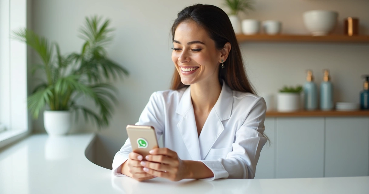 Esteticista sorrindo usando chatbot no celular