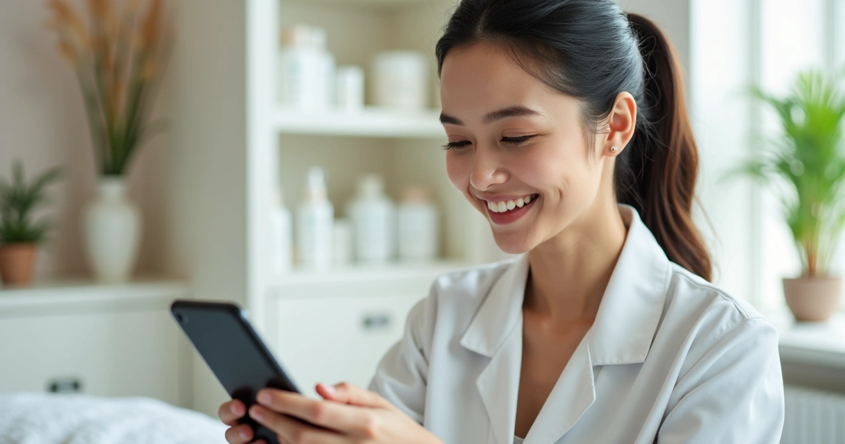 Profissional de estética atendendo cliente pelo WhatsApp no celular em ambiente de clínica moderna