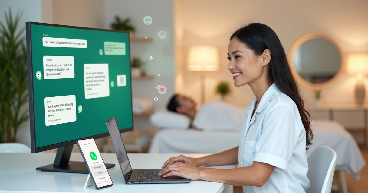 Esteticista usando computador para automatizar atendimento da clínica de estética no WhatsApp 