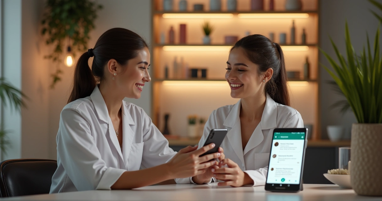 Esteticista conversando com cliente em ambiente acolhedor 