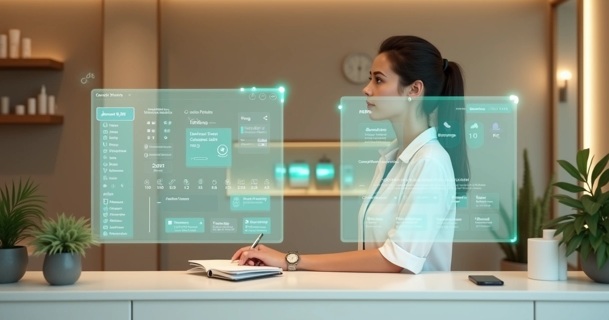 Esteticista analisando telas digitais comparando CRM e automação de marketing 