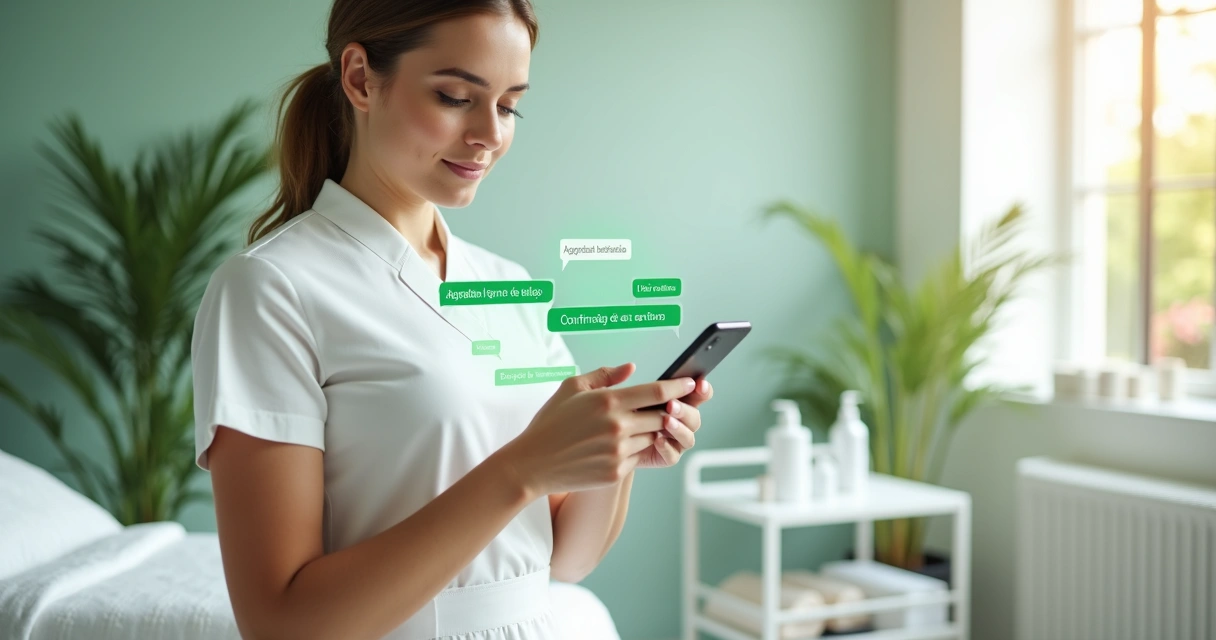 Esteticista segurando smartphone com mensagens interativas do WhatsApp em clínica elegante 