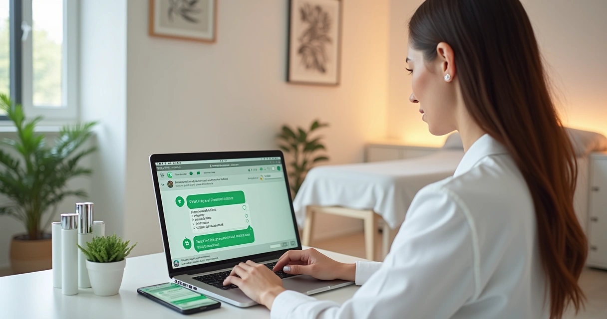 Esteticista analisando conversa de WhatsApp com leads na tela do notebook 