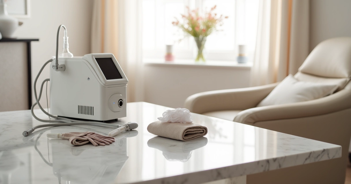 Mesa elegante con diferentes equipos de aparatología estética en clínica luminosa 