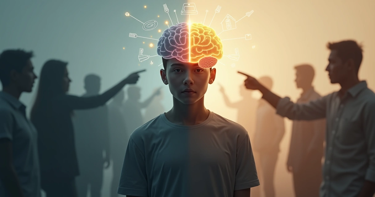 Pessoa dividida entre silhuetas julgadoras e um cérebro iluminado fazendo escolhas 