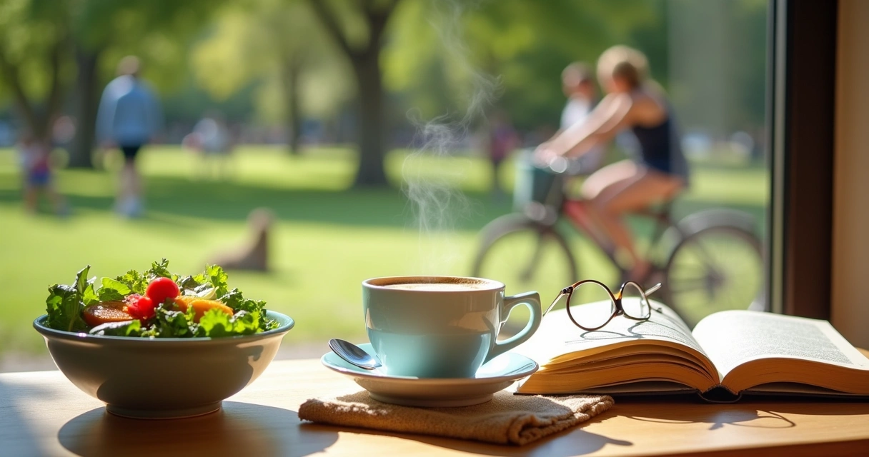 Cena vibrante de lifestyle com café, livro, salada e bolo, em um ambiente ensolarado e acolhedor.