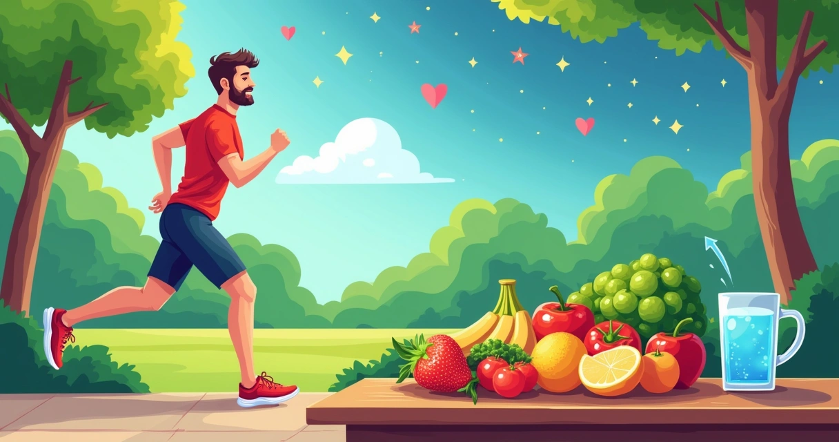Pessoa correndo no parque, frutas e vegetais em uma mesa, água reflete importância da hidratação.